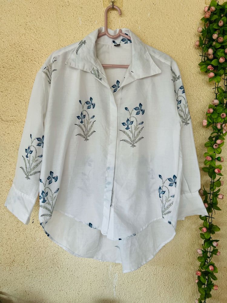 White Floral Print Button-Up Shirt