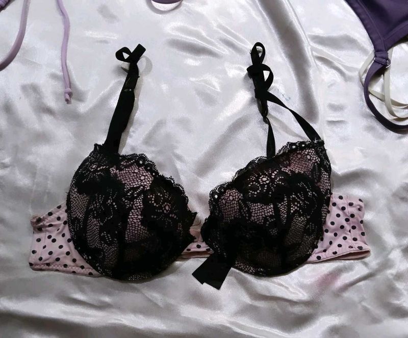 Black Lace Bra with Pink Polka Dots