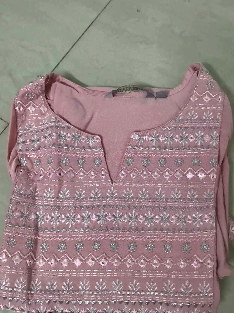 Pink Embroidered Kurta with Mirror Work