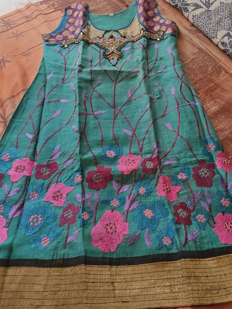 Beautiful Teal Embroidered full Kurta Set with two