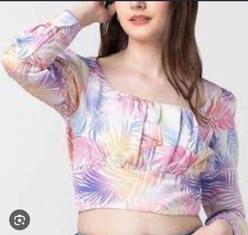 Tropical Print Square Neck Long Sleeve  Crop Top
