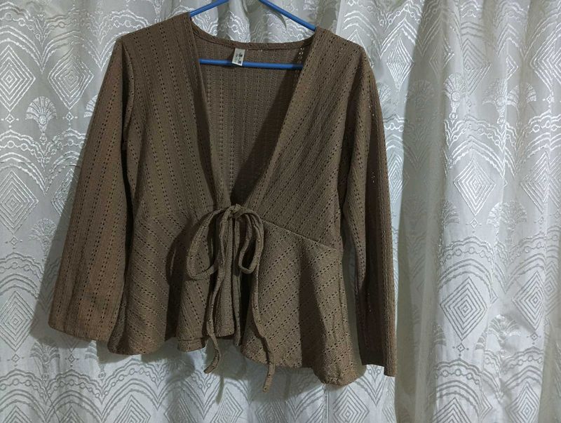 Brown Tie-Front Crochet Top