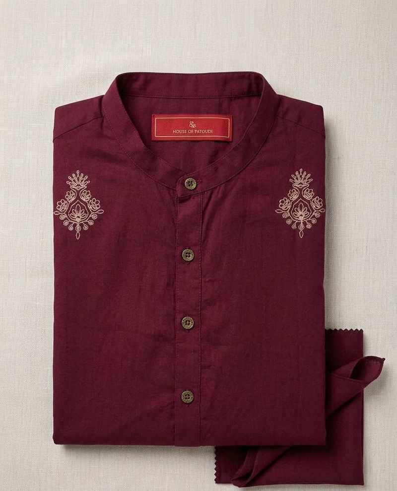 Men's Maroon Embroidered Kurta