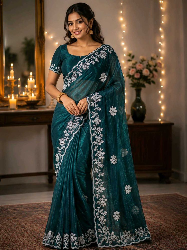 Elegant Teal Saree with White Embroidery