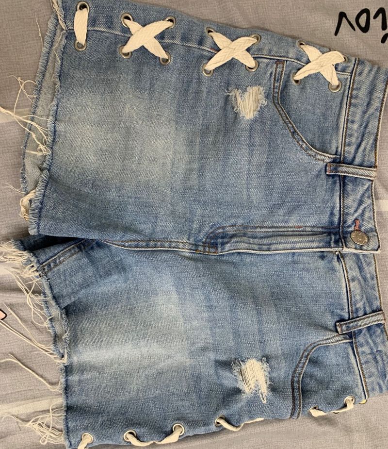 Distressed Denim Lace-Up Shorts