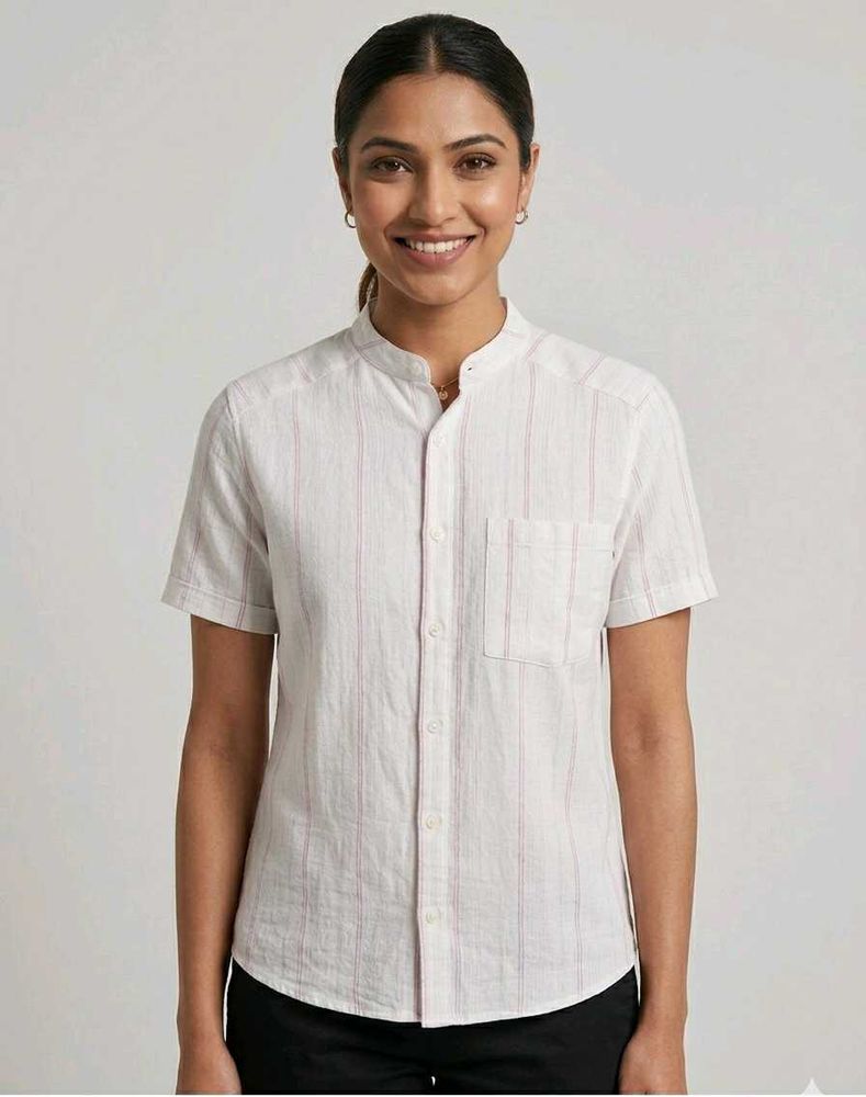 Chic Striped Band Collar Blouse