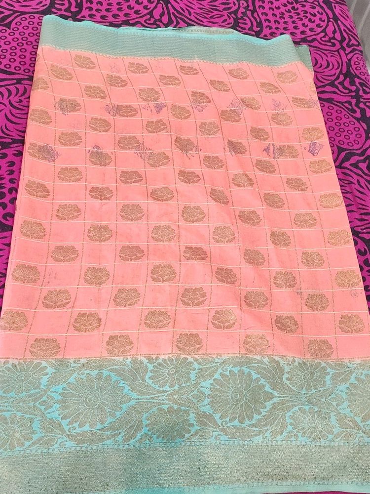 Peach &amp; Teal Woven Sari