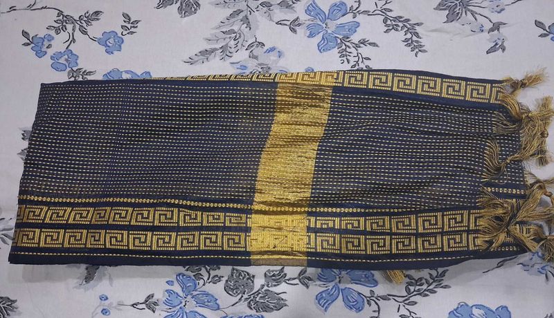 Navy Blue Tissue Dupata Golden Zari Border + Scarf