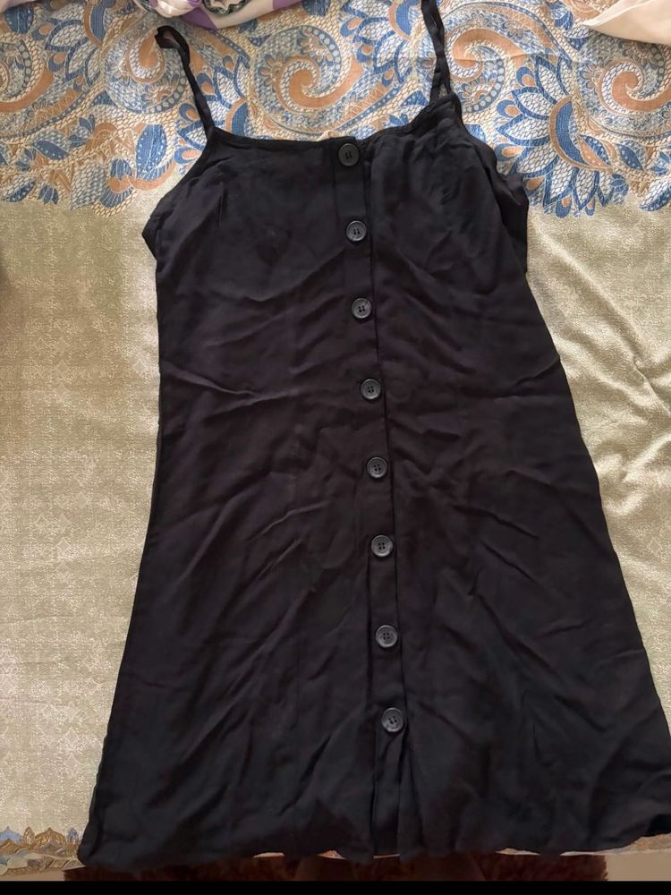 Black Button-Front Spaghetti Strap Dress