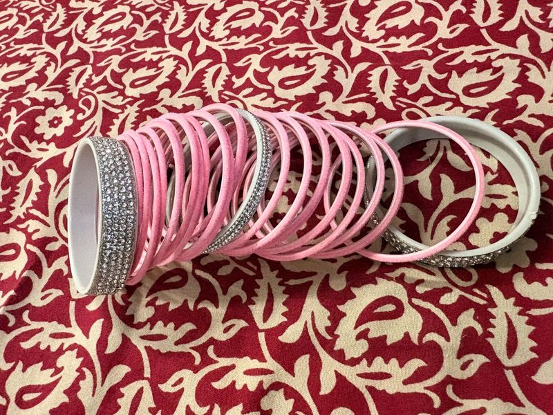 Set of Pink Velvet Bangles with rhinestones Chur
