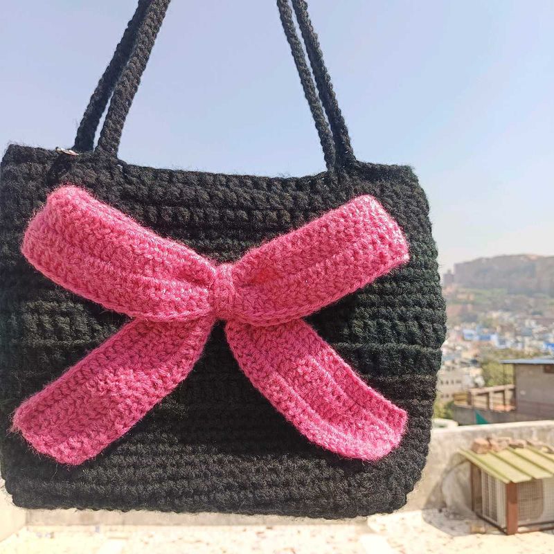 Handmade Black Crochet Tote Bag with Pink Bow❤️