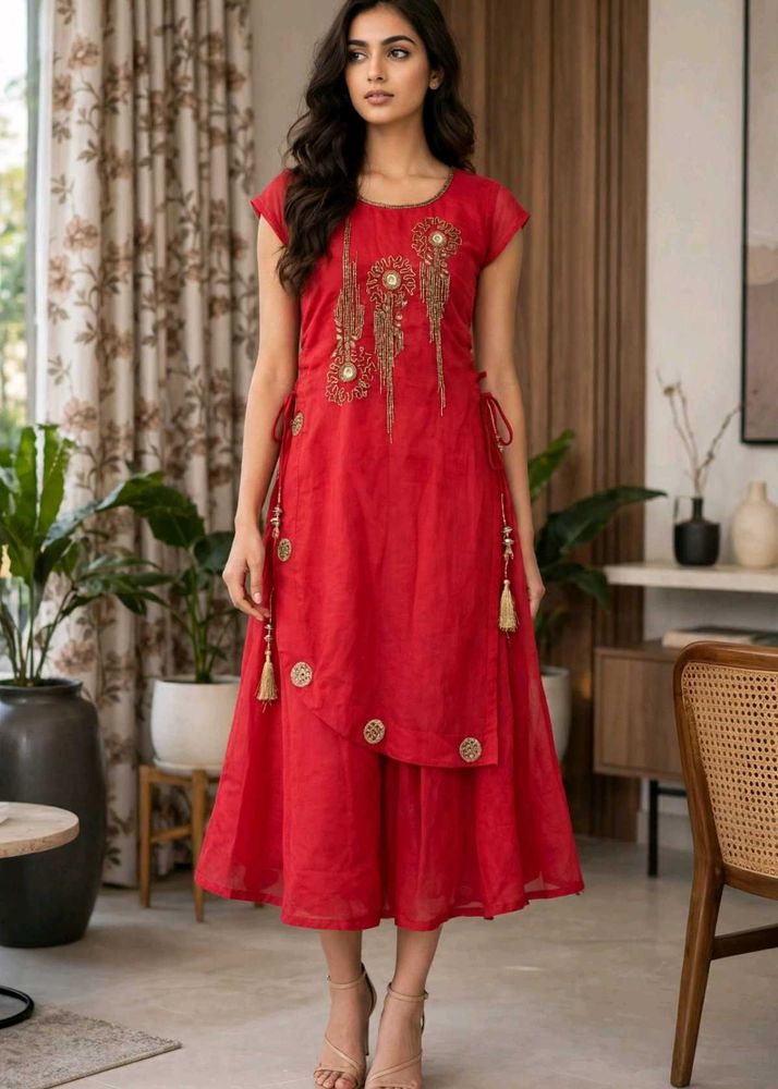 Vibrant Red Embellished Kurta