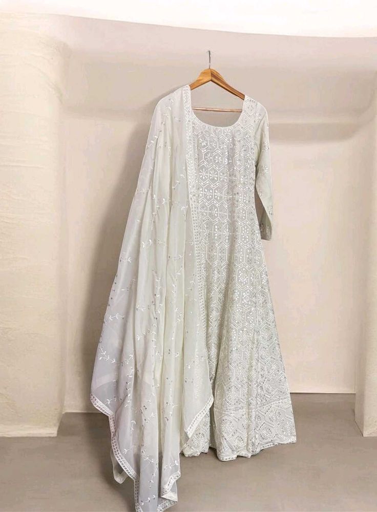 White Anarkali Gown with Dupatta