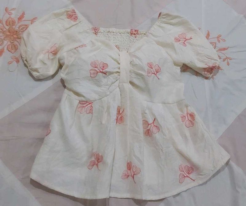 White Puff Sleeve Top with Floral Print