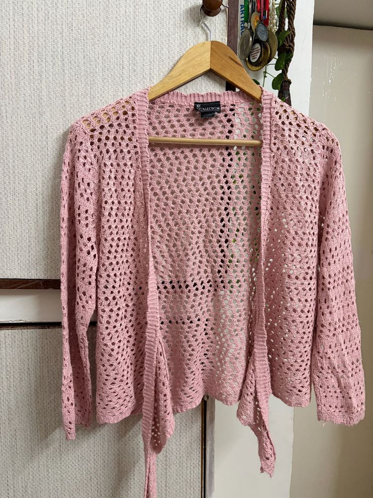 Pink Crochet Open Knit Cardigan