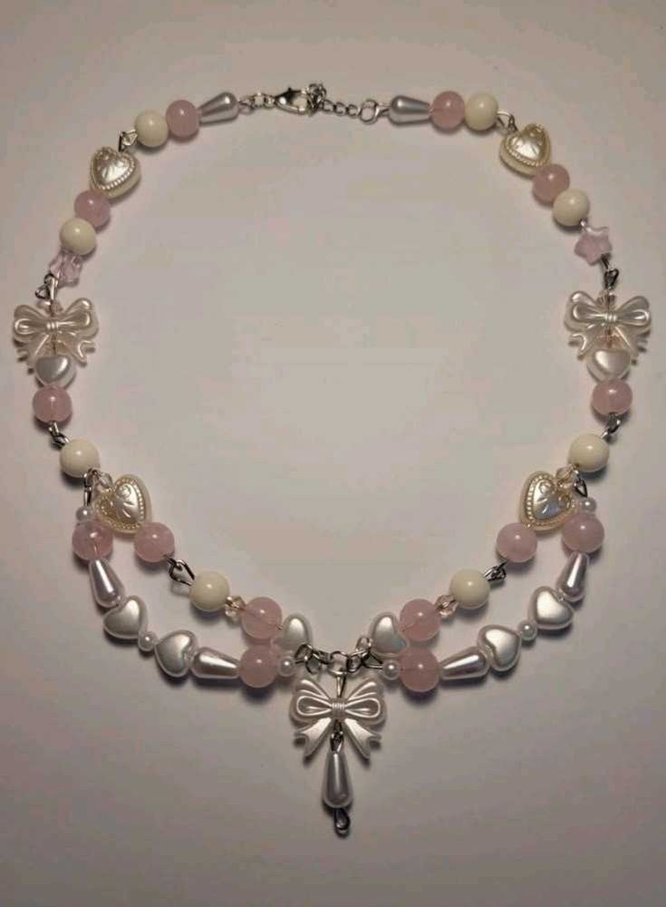 Pink Bow Heart Bead Necklace