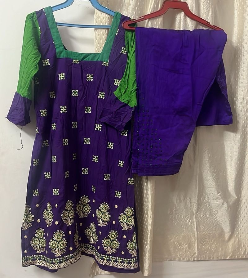 Purple &amp; Green Embroidered Kurta Set