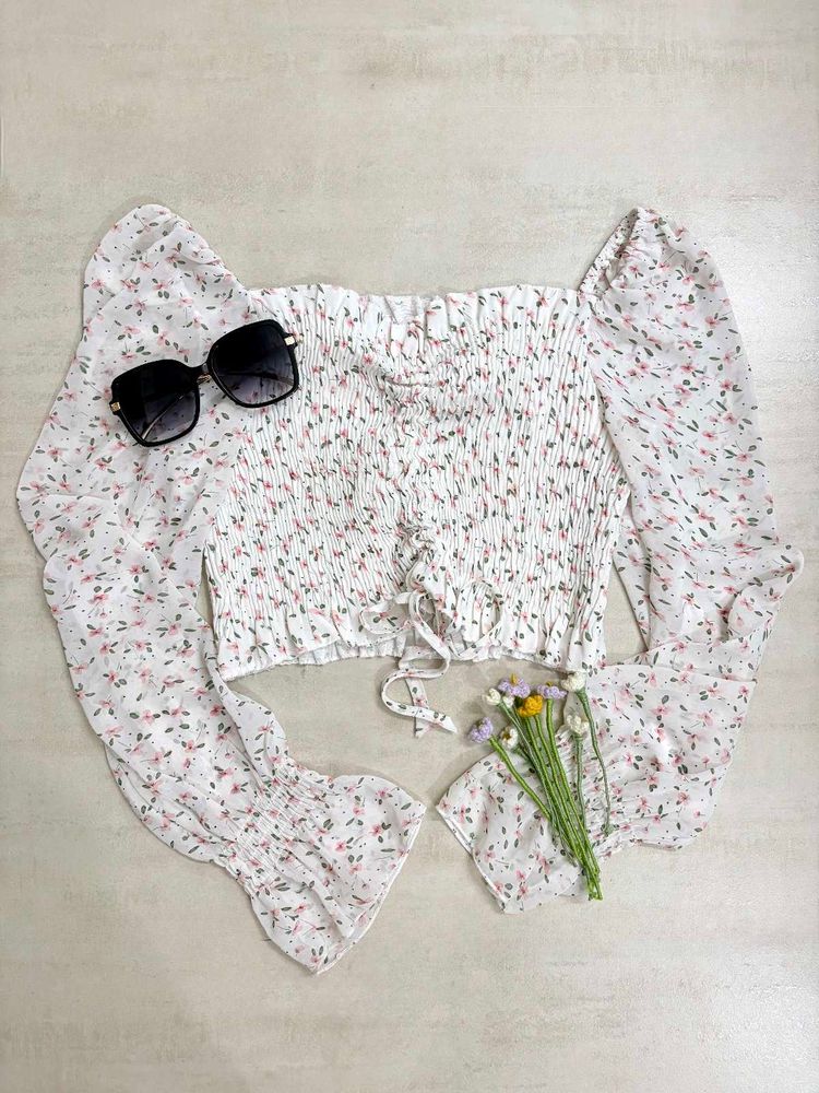 Floral Smocked Crop Top with Puff Sleeves