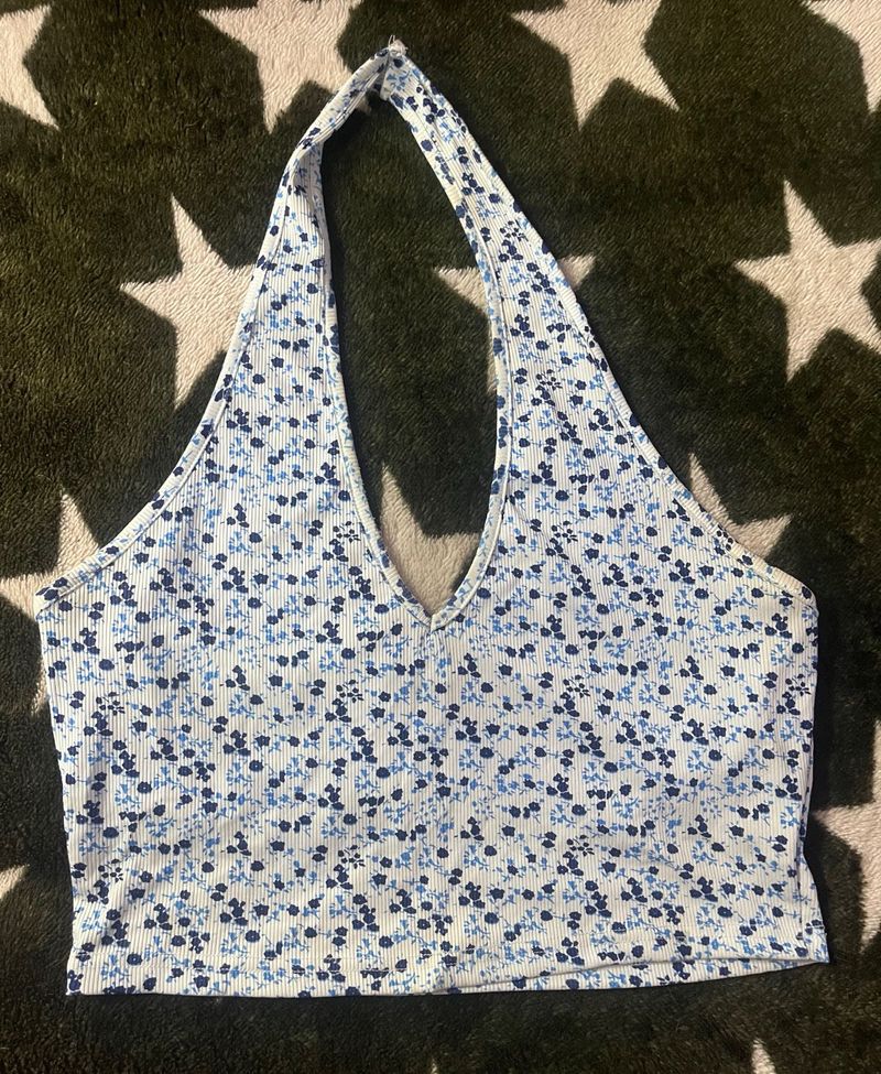 Blue Floral Halter Neck Crop Top