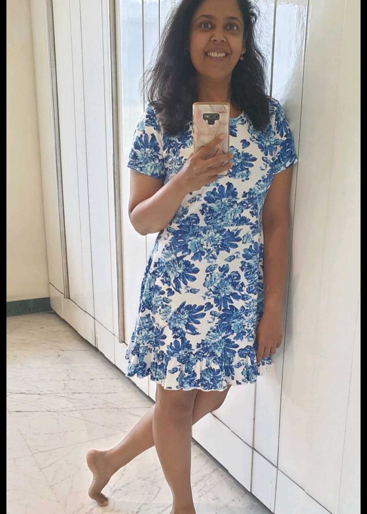 Blue Floral Print Ruffle Dress