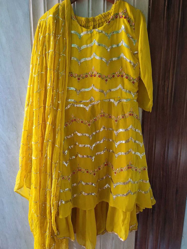 Yellow Embroidered garara frock Set with Dupatta |