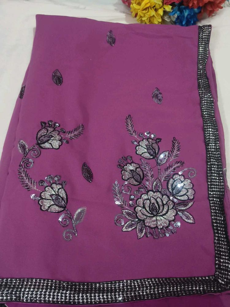Beautiful Embroidered Purple Saree with blouse