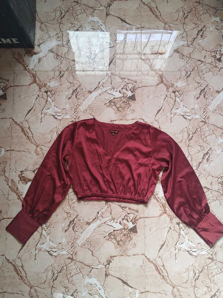 Burgundy Satin Crop Top
