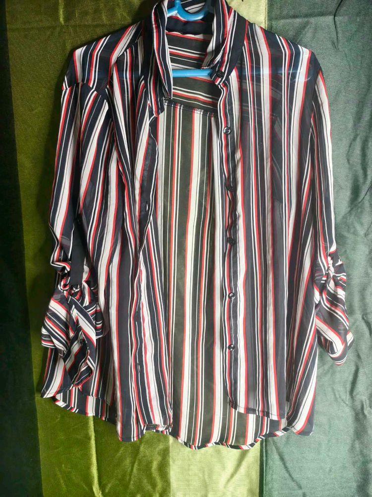 Striped Sheer Button-Up Shirt