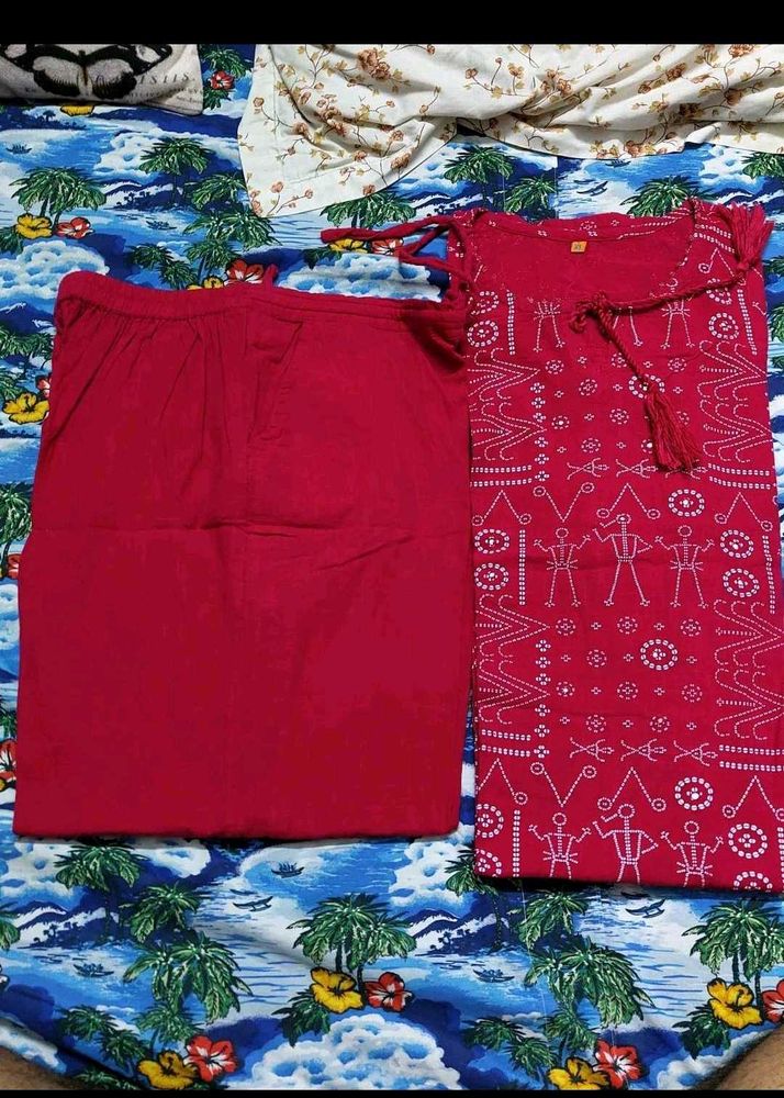 Red Kurta Set with Unique Print