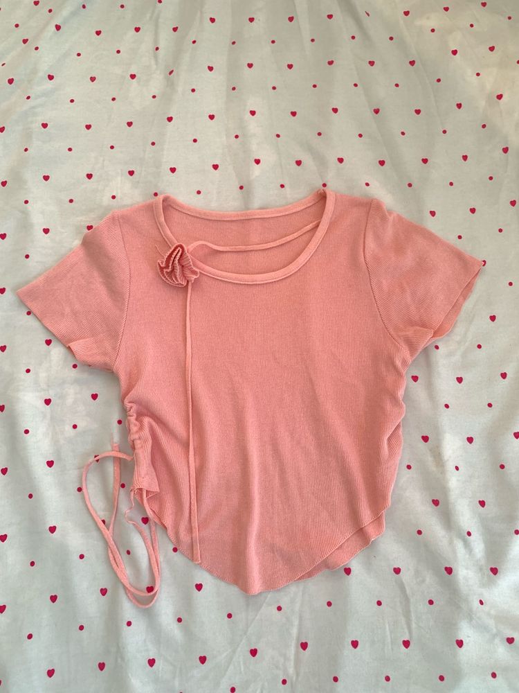Cute Pink Cropped Top with Flower Accent