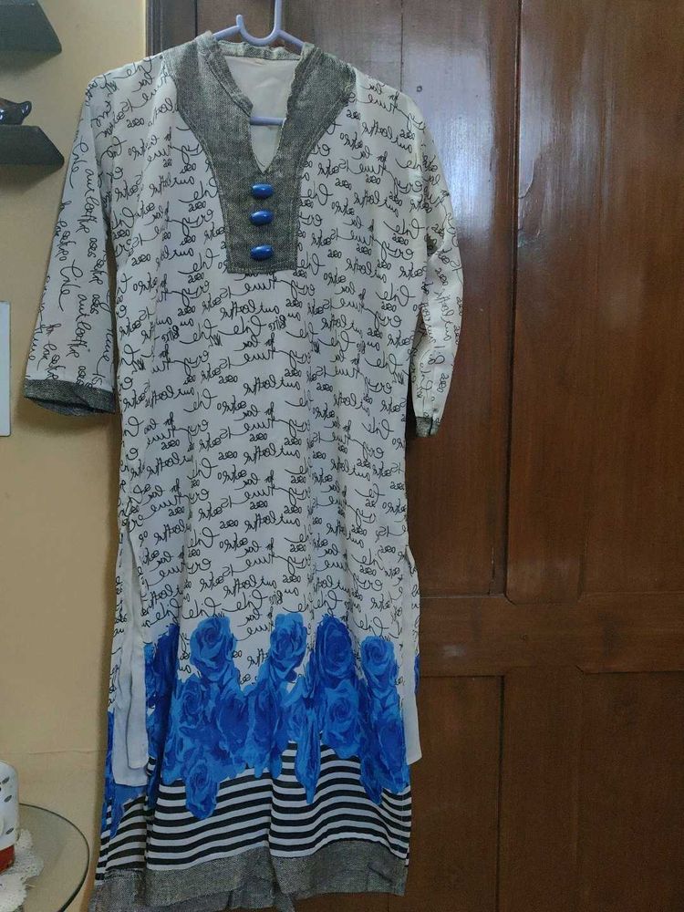 White Kurta with Blue Floral Print