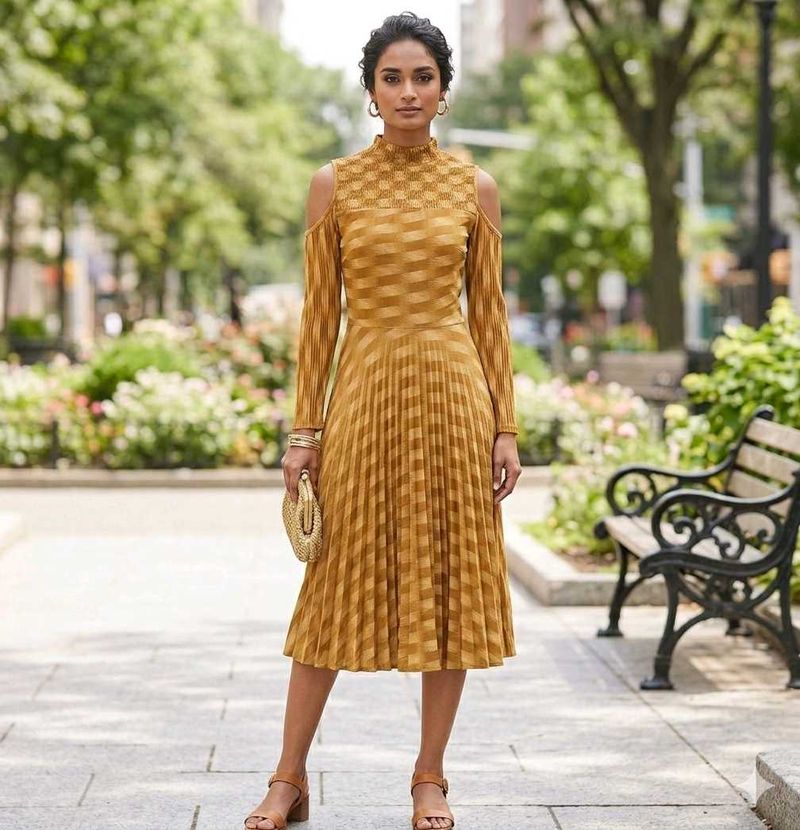 Mustard Pleated Cold Shoulder Midi Dress