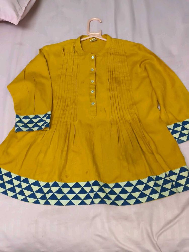Yellow Kurta with Blue Geometric Print shout kurt