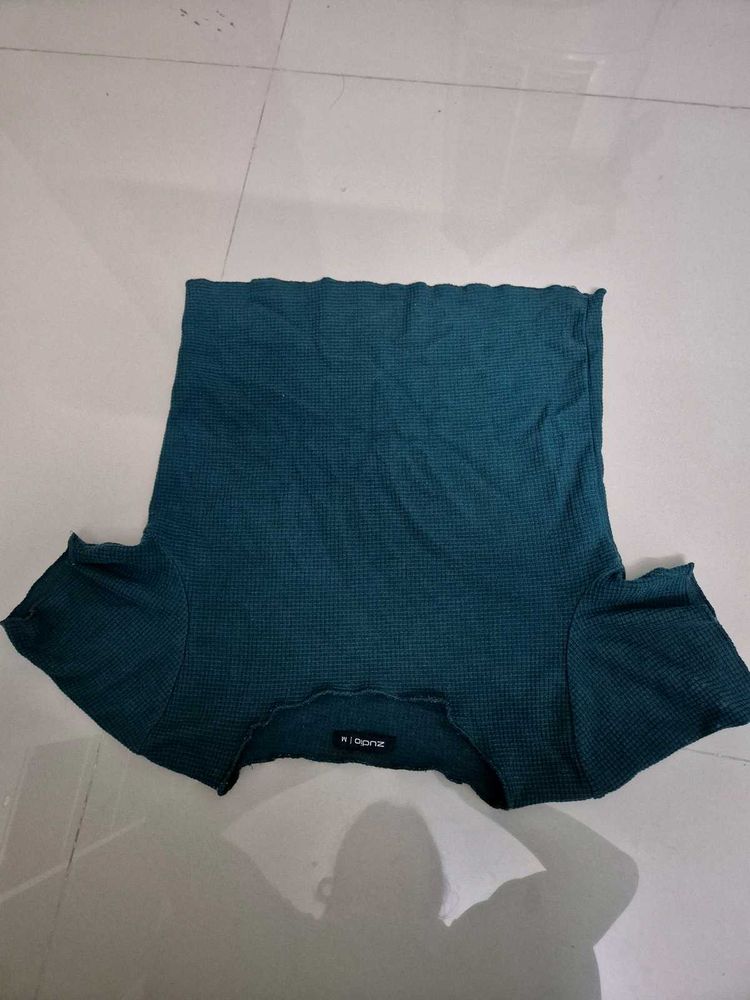 Teal Waffle Knit Lettuce Hem Top