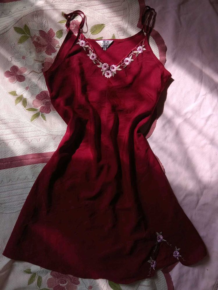 Maroon Embroidered Camisole nighty dress