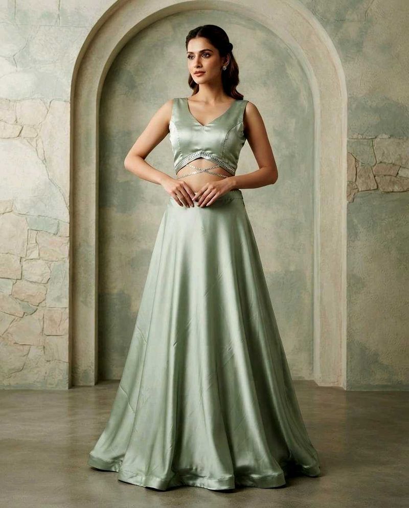 Elegant Sage Green Skirt and Crop Top Set