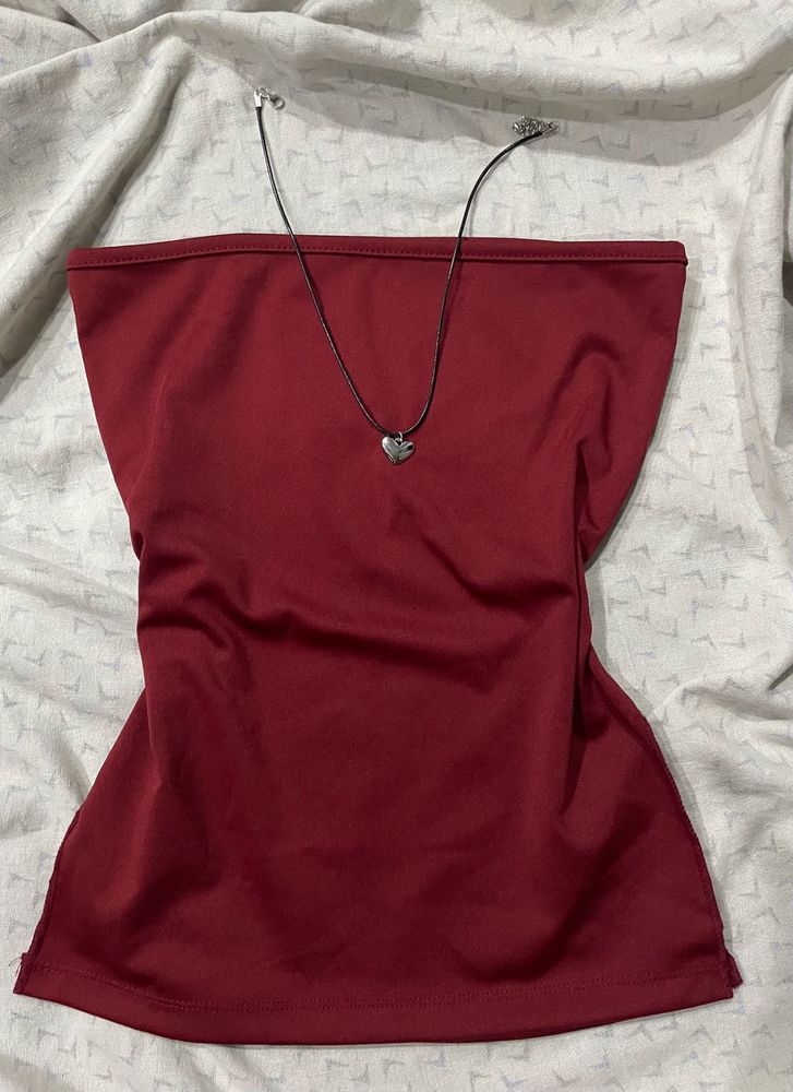 Maroon Tube Top with Heart Necklace