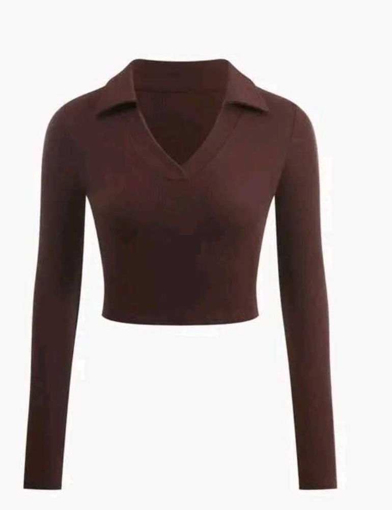 Brown Long Sleeve Cropped Polo Top