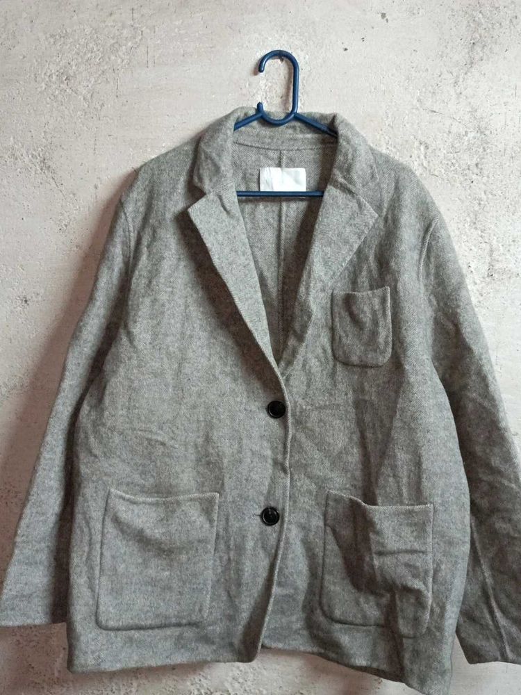 Grey Textured Blazer Winter Jacket Oversized