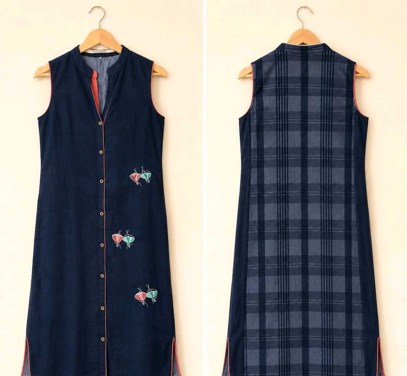 Navy Blue Kurti with Cap Sleeves &amp; Embroidered