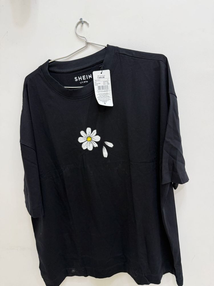 Shein Black Daisy Print T-Shirt