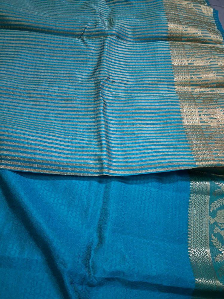 Blue Striped Silk Saree with Gold Border