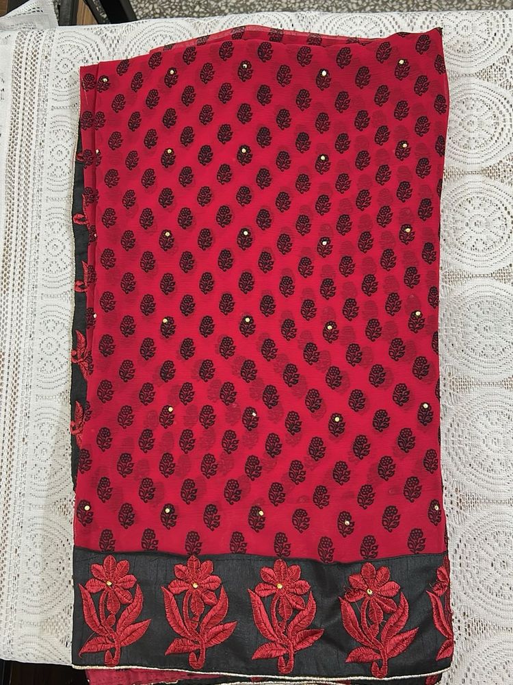 Red &amp; Black Printed Saree with Floral Border