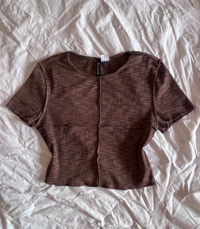 Brown Ribbed Cropped Top