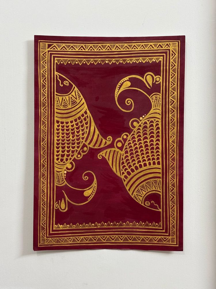Golden Fishes Maroon Sea : Madhubani Art