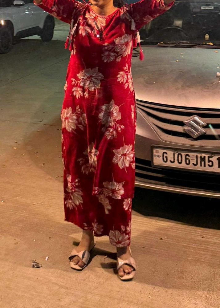 Red Floral Print Kurta