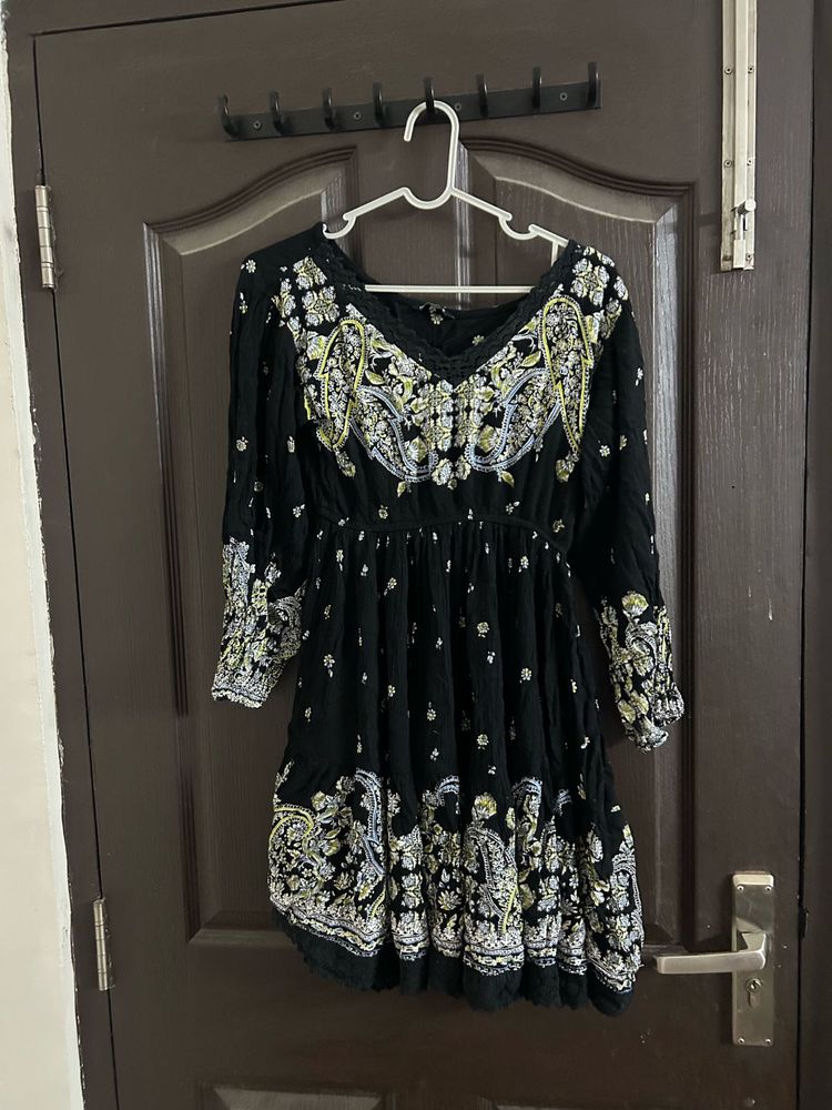 Boho Black Printed Mini Dress