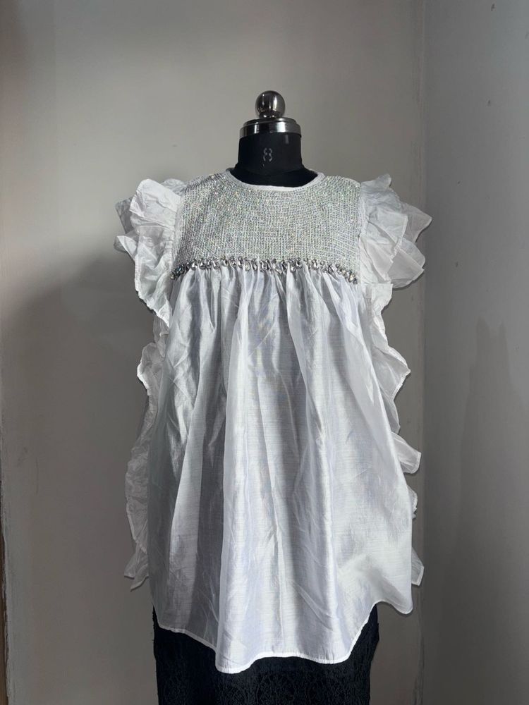 Elegant White Ruffle Top with Embellished Neckline