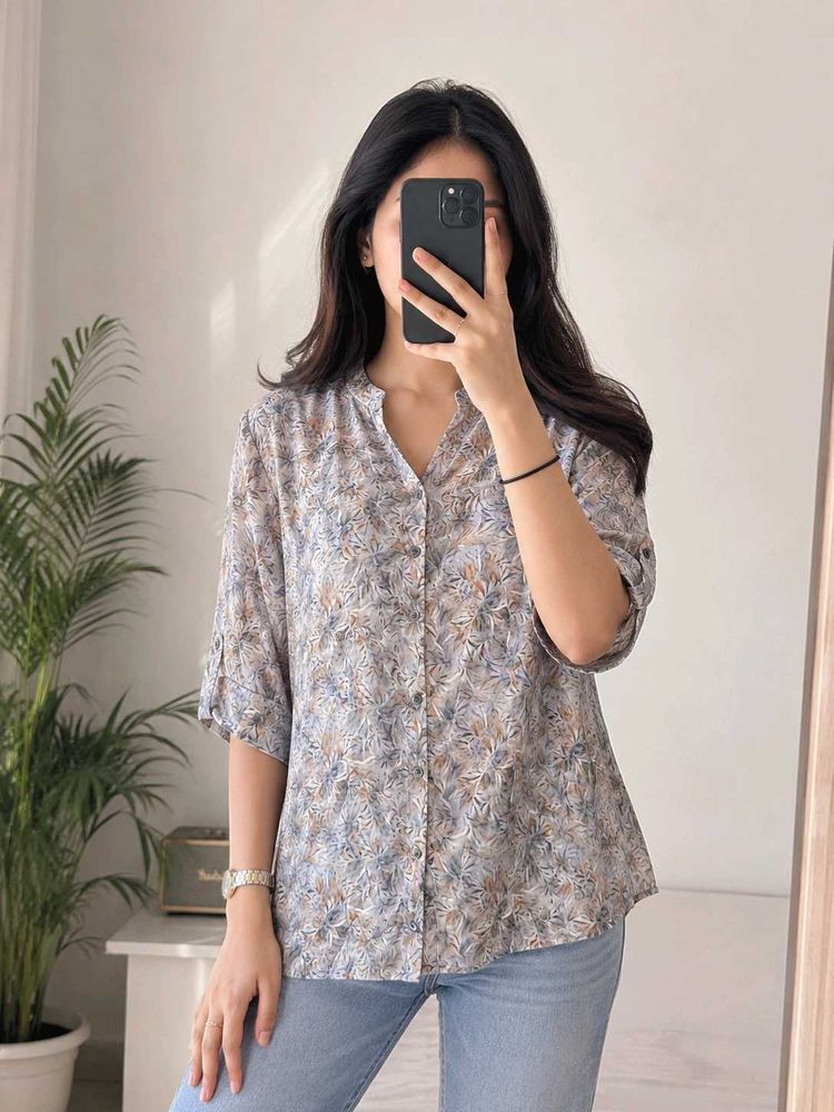 Women's Floral Print Mandarin Collar Button-Down T