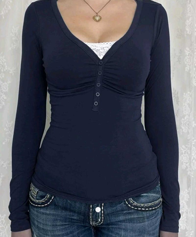 Navy Blue V-Neck Lace Trim Top